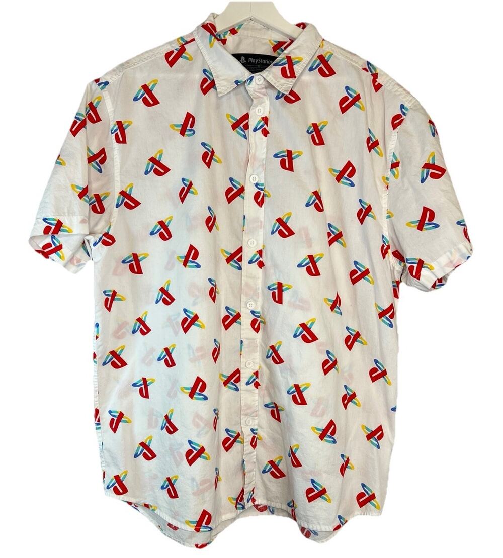 PlayStation Button Up Shirt Men's Medium White Allover Logo Print Gaming XL
